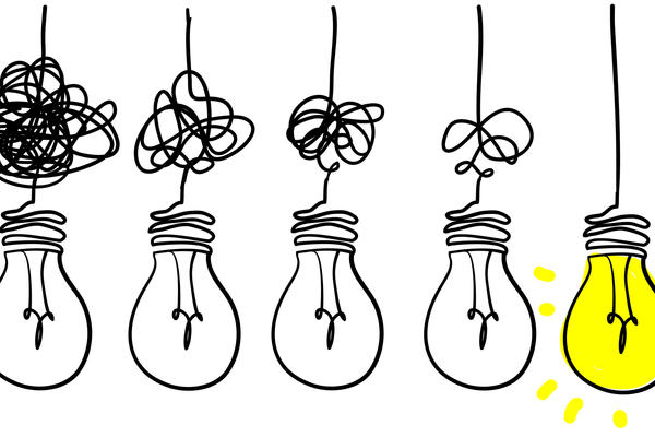 A series of scribbled lightbulbs, the wires not connecting till the final bulb, which lights up